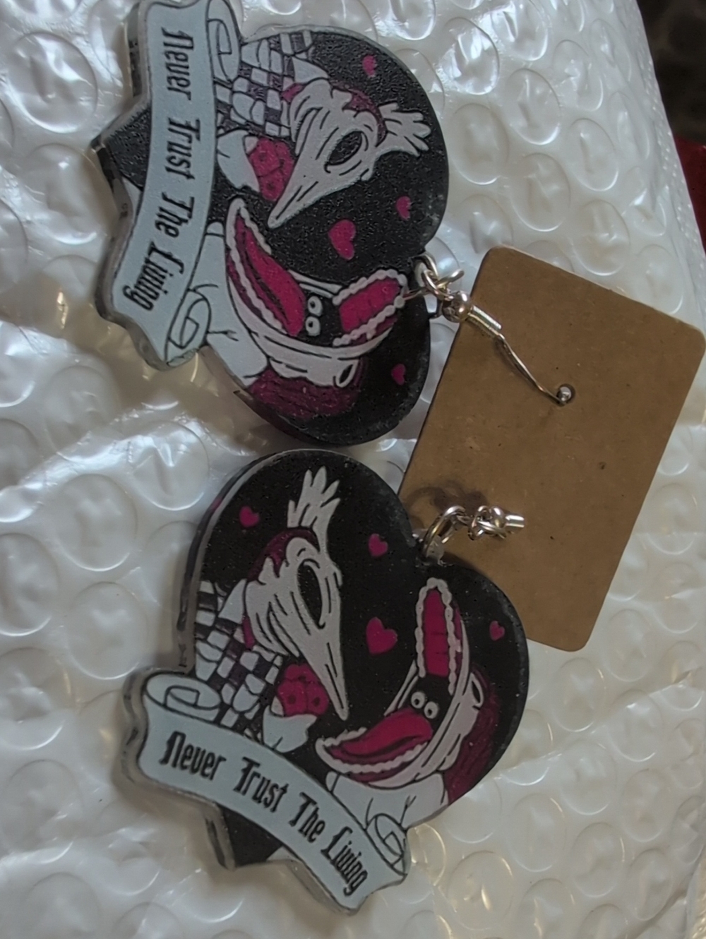 Heart-Shaped Novelty Earrings with Pink & Black Design - Never Trust The Living